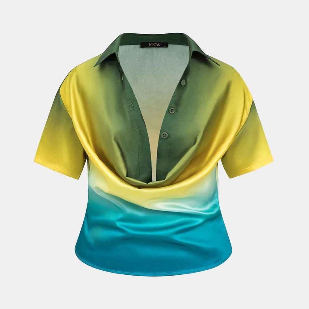 Micas Gradient Green and Yellow Women's Top ombre satin top L zz2